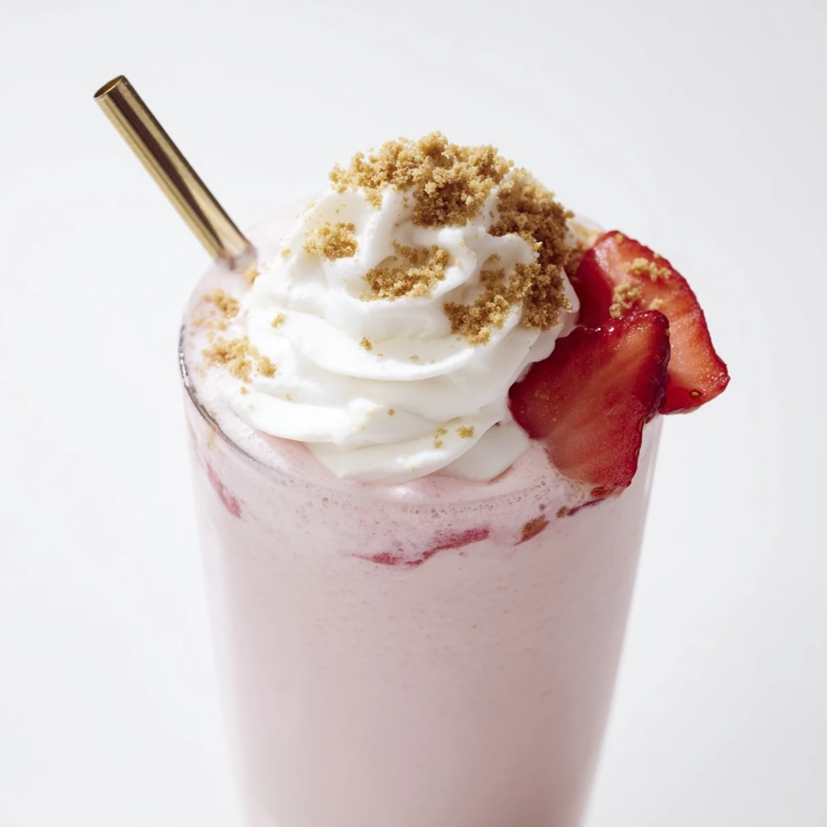 Pink strawberry cheesecake milkshake in a tall glass garnished with fresh strawberries