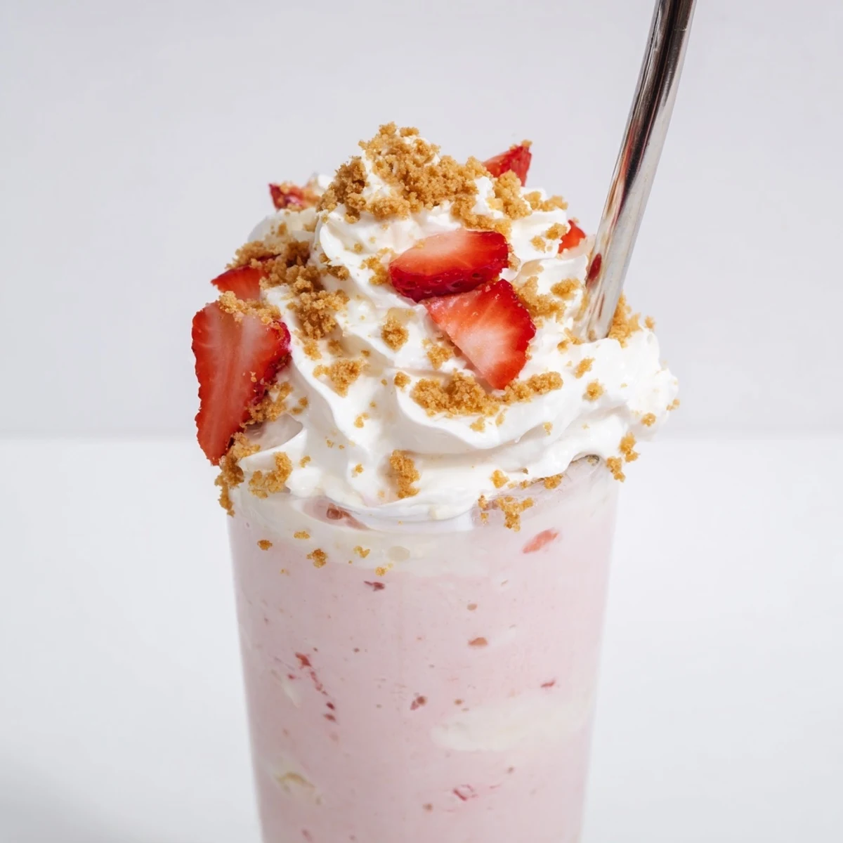 Creamy strawberry cheesecake milkshake drizzled with graham crumbs and a strawberry slice