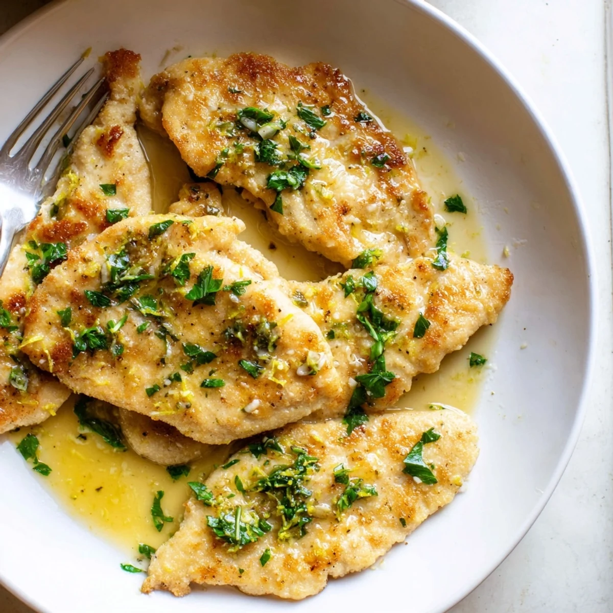 Tender Lemon Garlic Butter Chicken drizzled with bright citrus sauce over a skillet