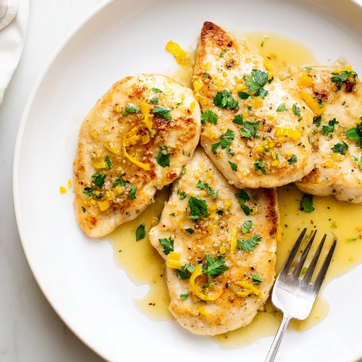 Pan-seared Lemon Garlic Butter Chicken garnished with fresh parsley and silky garlic sauce