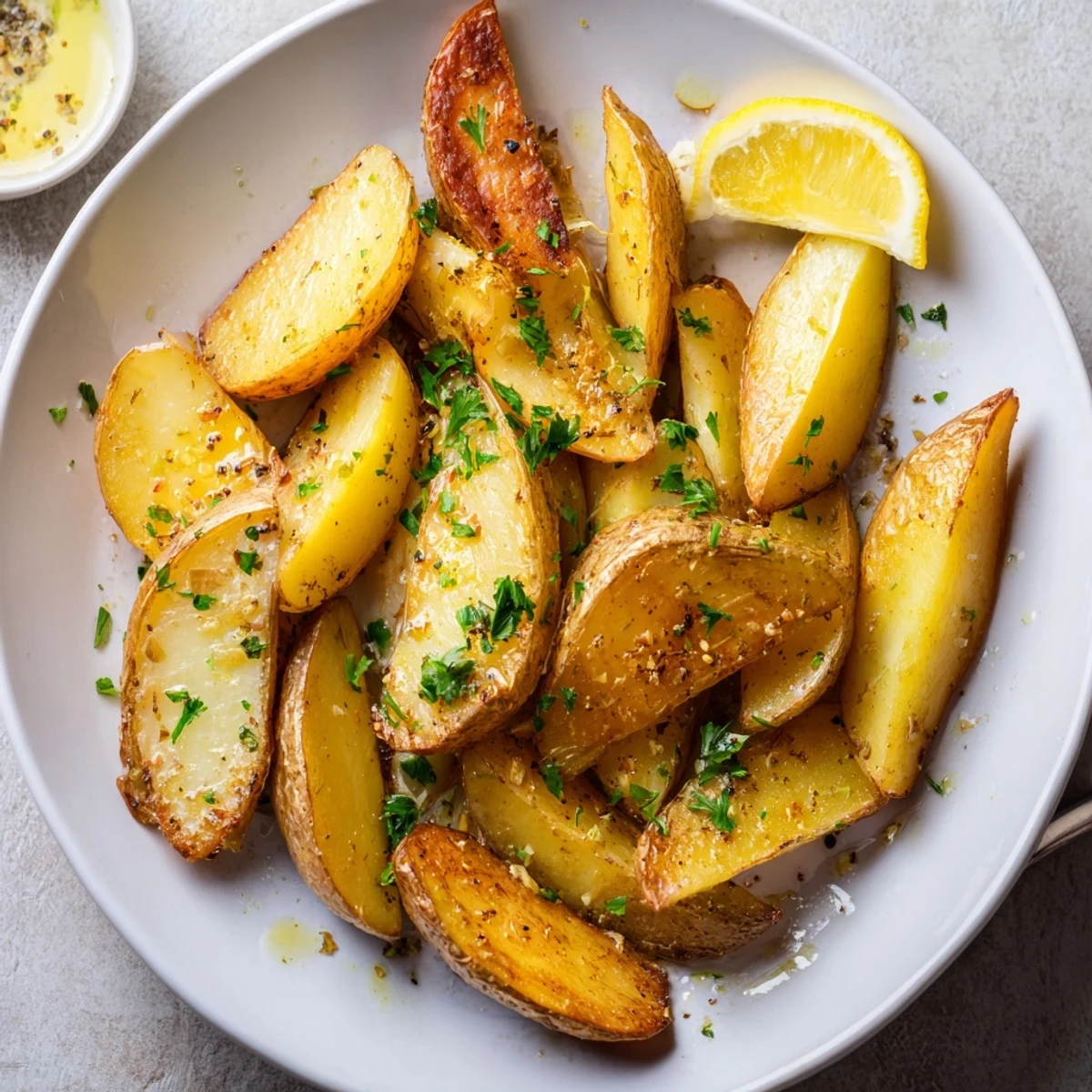 Authentic Greek Lemon Potatoes Recipe, golden wedges oven-roasted with garlic and tang  