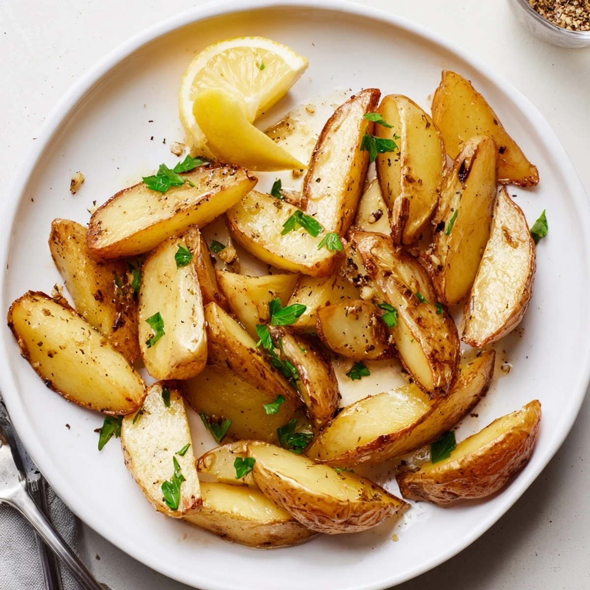Authentic Greek Lemon Potatoes Recipe braised in lemony broth, finished with chopped parsley