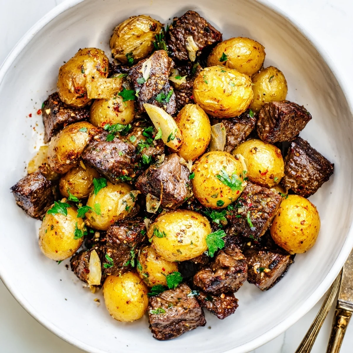 Garlic Steak Bites and Potatoes Recipe: sizzling skillet with golden potatoes, fragrant butter.