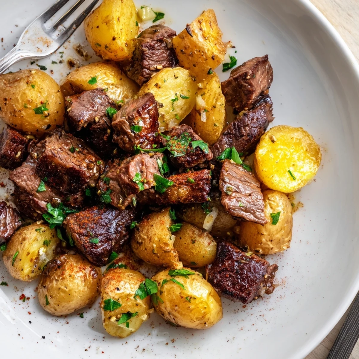 Pan-seared Garlic Steak Bites and Potatoes Recipe tossed in garlicky butter and herbs.