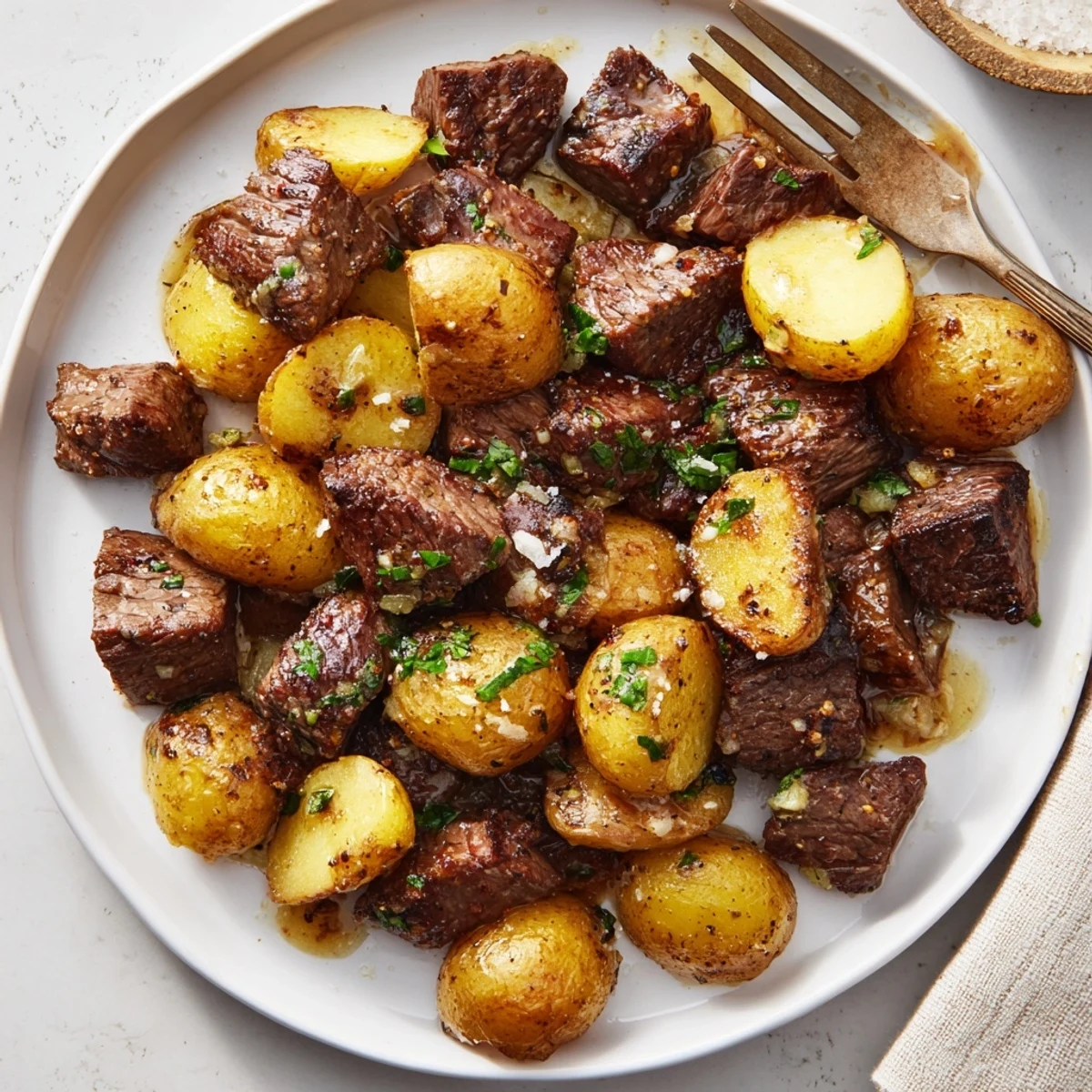 Weeknight Garlic Steak Bites and Potatoes Recipe served warm with parsley and lemon.