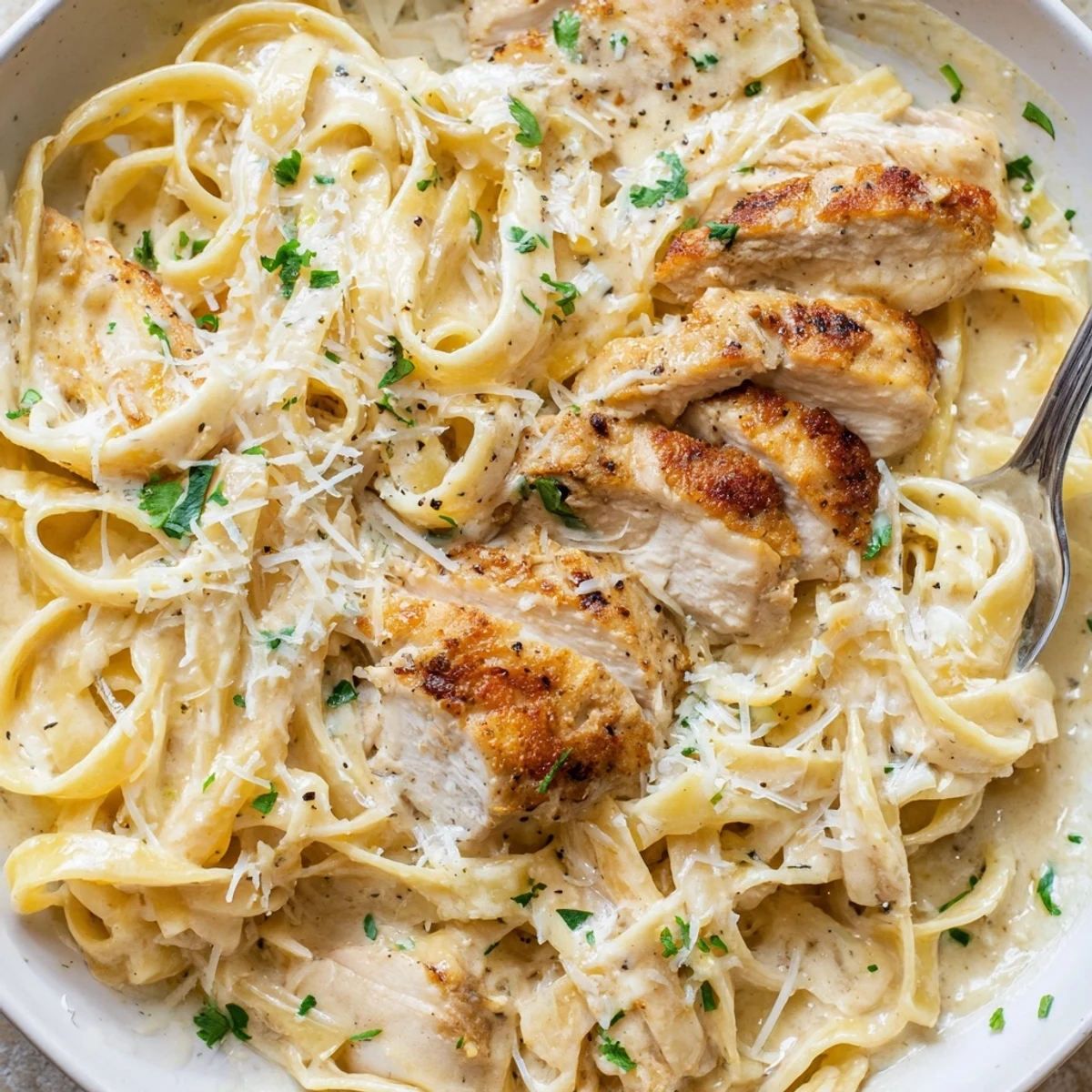 Creamy Garlic Chicken Pasta with golden seared chicken, silky sauce, parsley