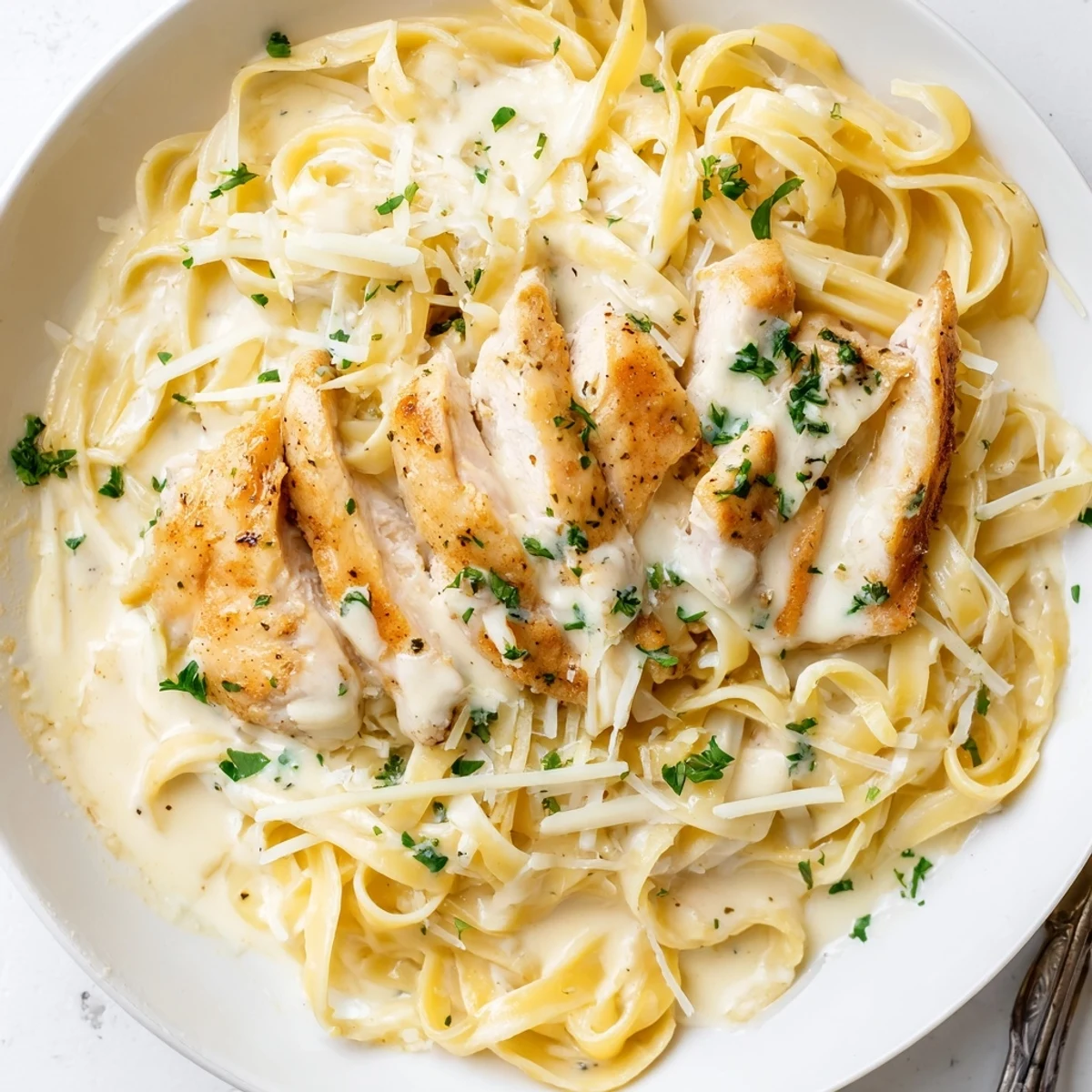 Steaming Creamy Garlic Chicken Pasta twirled on fork, al dente fettuccine
