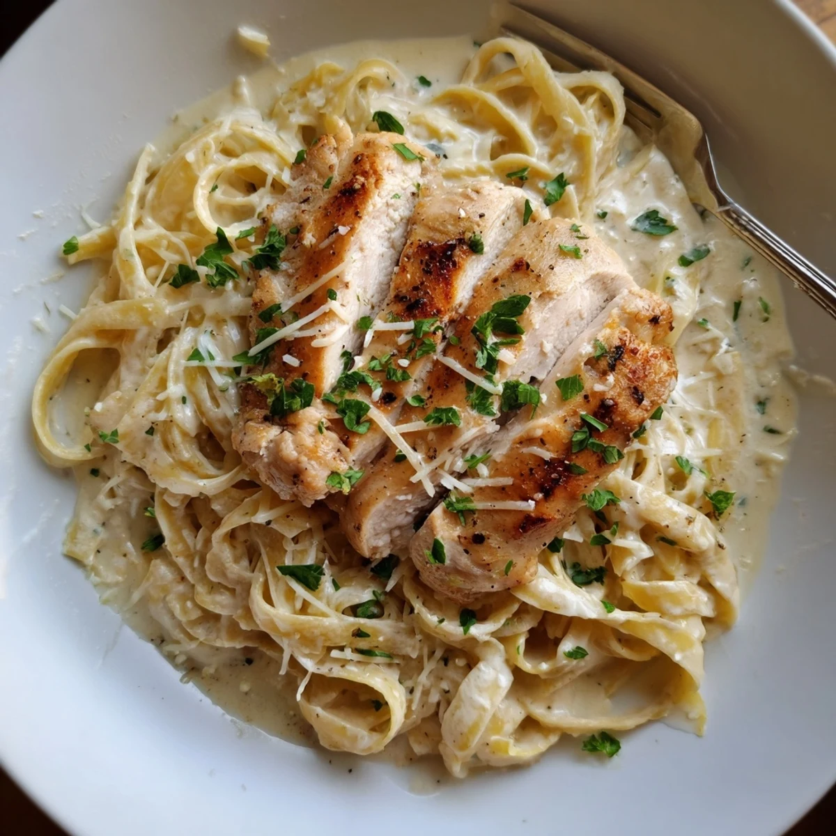 Weeknight Creamy Garlic Chicken Pasta plated with grated Parmesan and fresh parsley