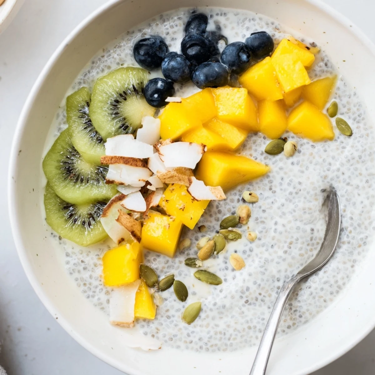Creamy Coconut Chia Pudding topped with mango and toasted coconut flakes.