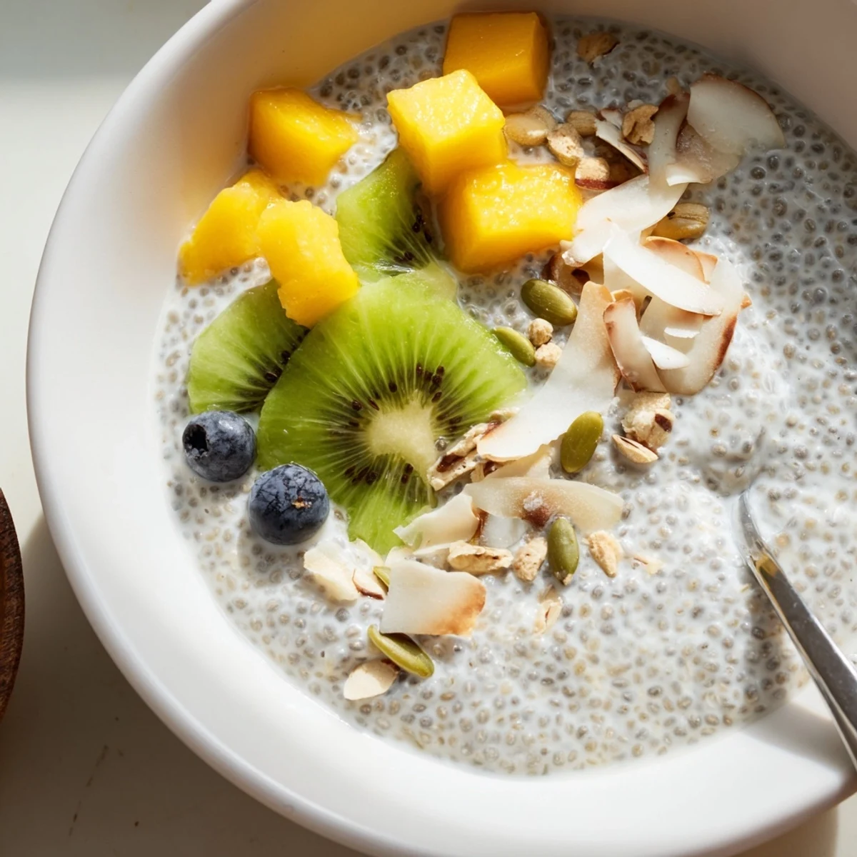 Clear glass jar showing Coconut Chia Pudding layered with berries and granola.