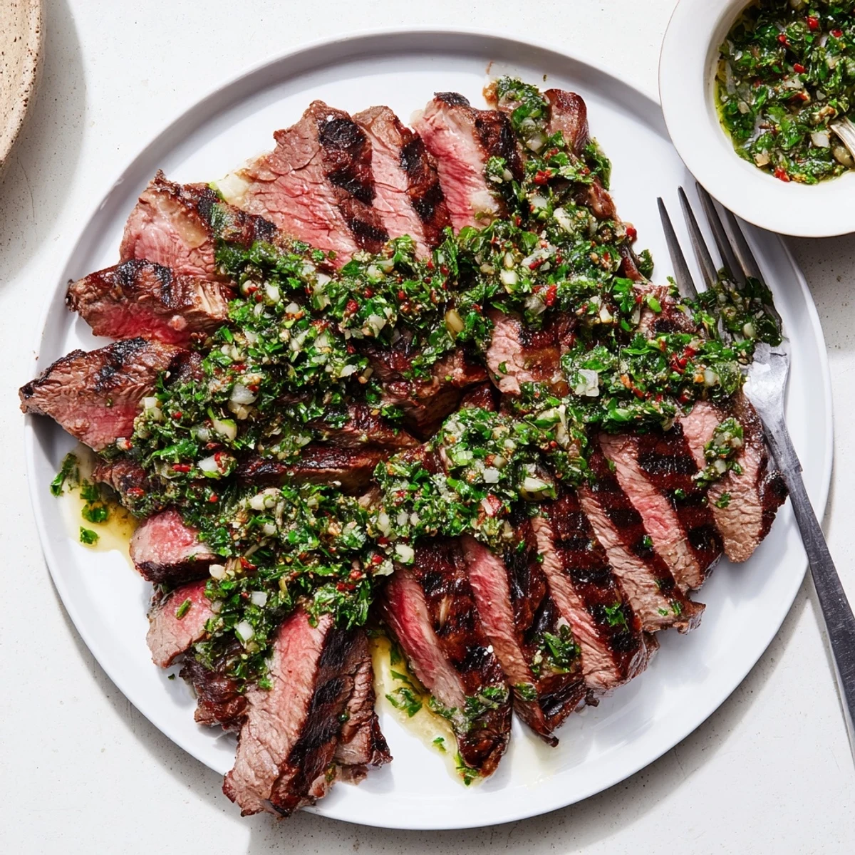 Grilled, sliced Chimichurri Steak Recipe served warm with zesty sauce and char