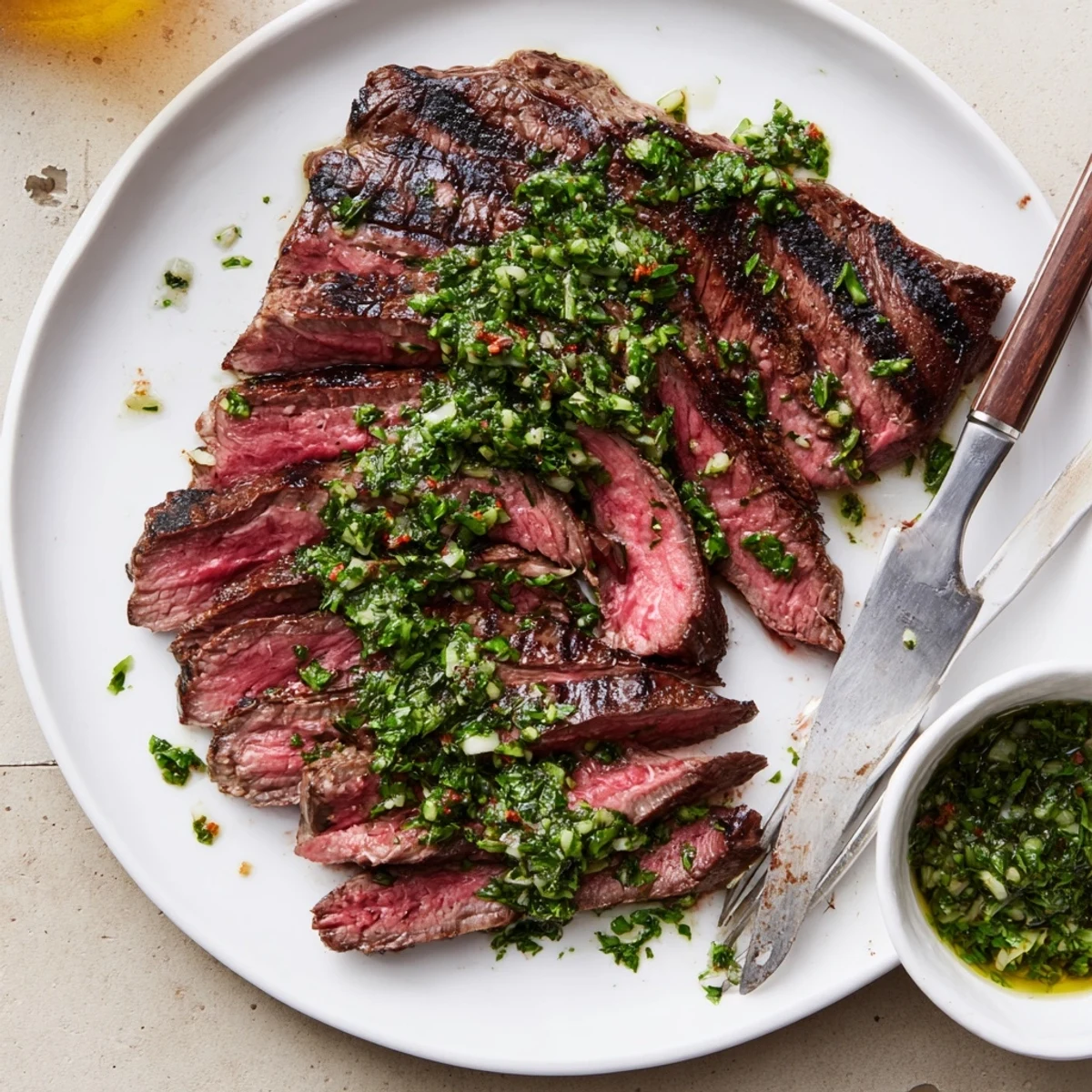 Chimichurri Steak Recipe showcasing a juicy grilled ribeye topped with vibrant herbs