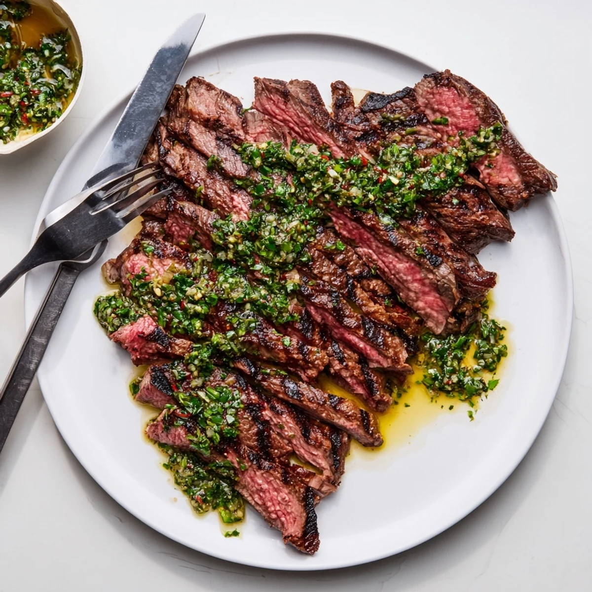 Weeknight Chimichurri Steak Recipe plated with lemon wedges, coarse salt, herb aroma