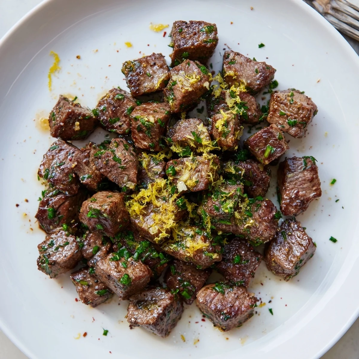 Cowboy Butter Steak Bites sizzling in skillet, garlicky butter coating, sprinkled parsley