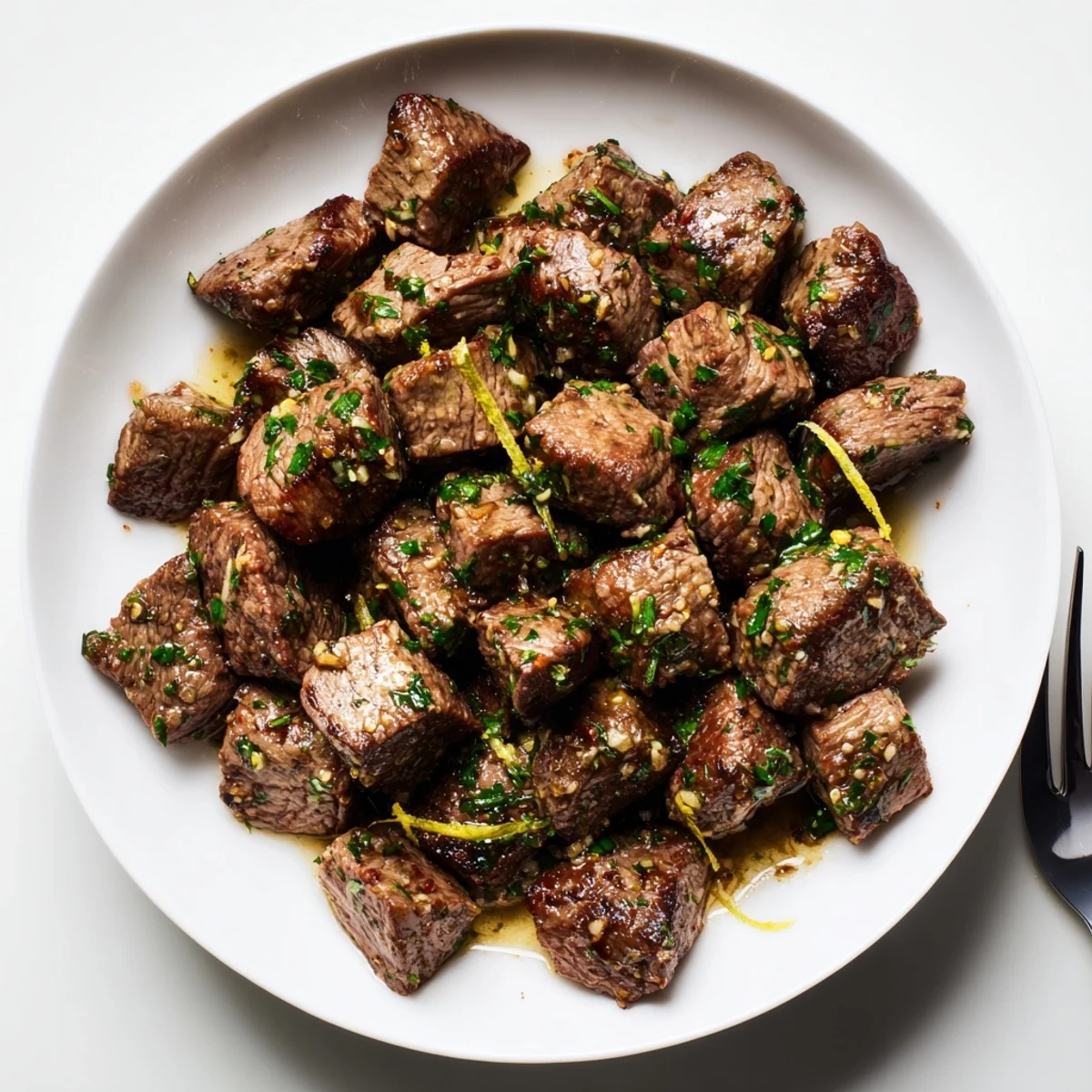 Fork lifting Cowboy Butter Steak Bites, juicy sear and zesty lemon herb sauce