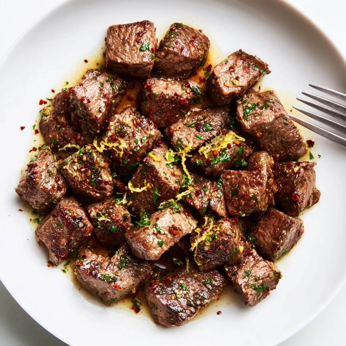 Close-up of Cowboy Butter Steak Bites Recipe plated with roasted potatoes, herb garnish
