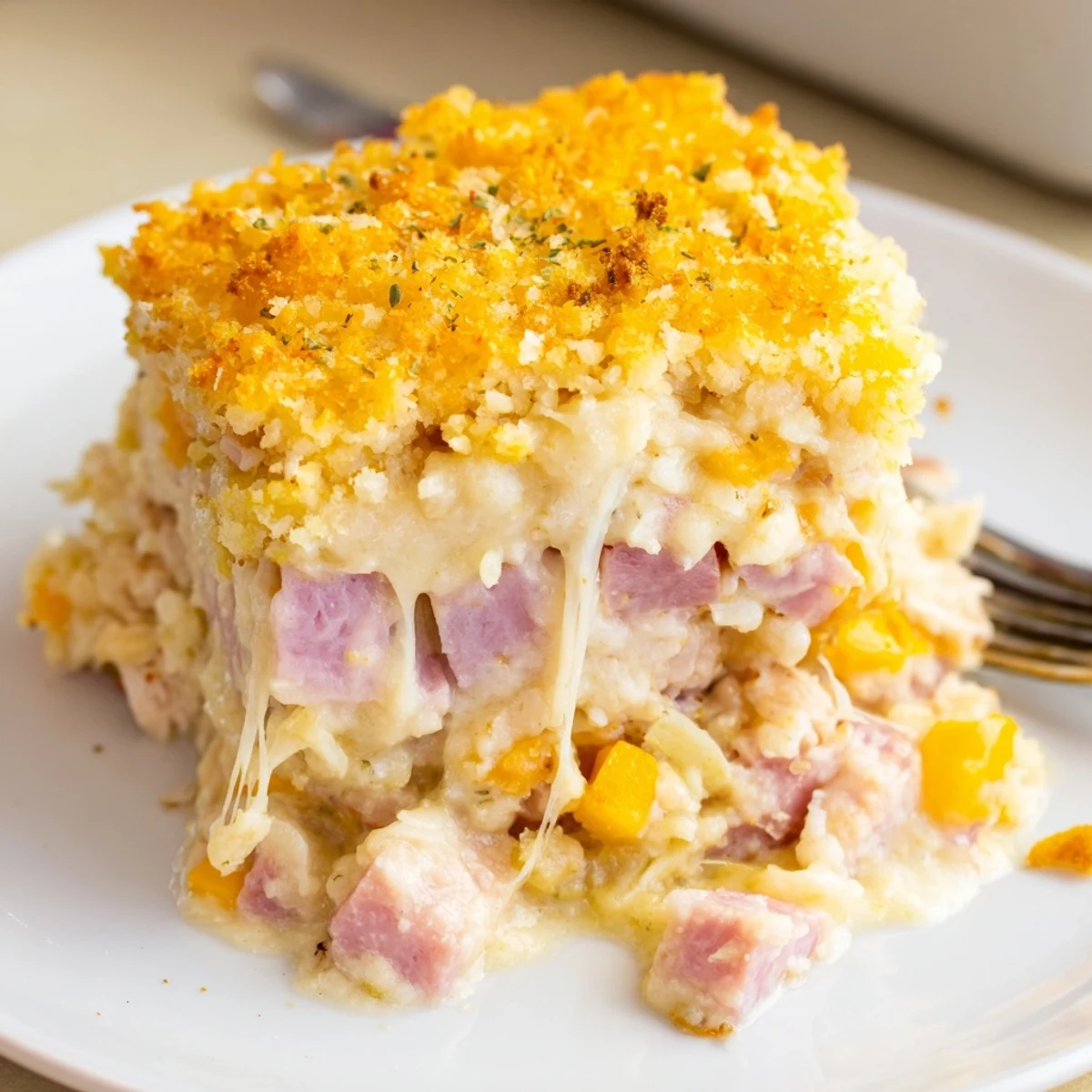 Chicken Cordon Bleu Casserole bubbling golden, melted Swiss and crispy Panko topping
