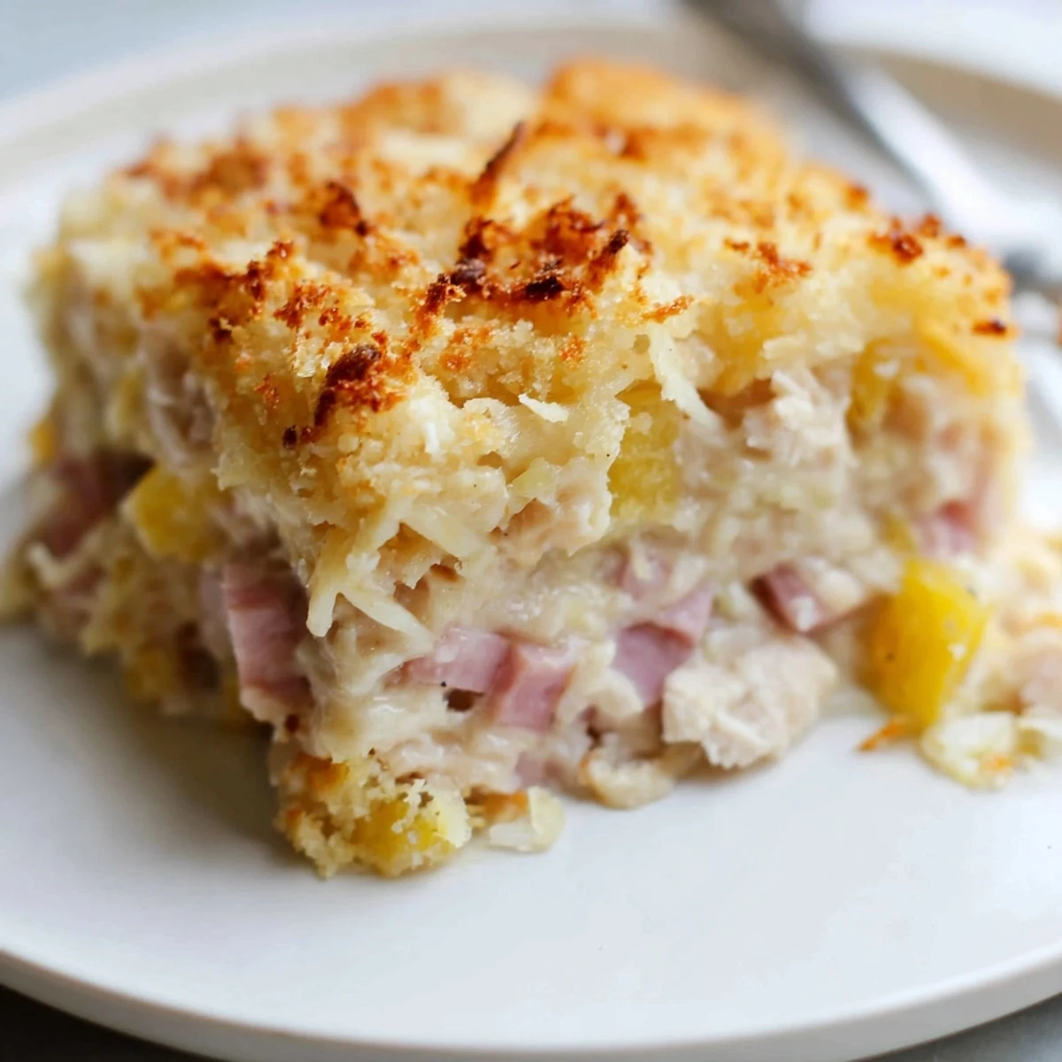 Baked Chicken Cordon Bleu Casserole rests five minutes, aromas of ham, cheese
