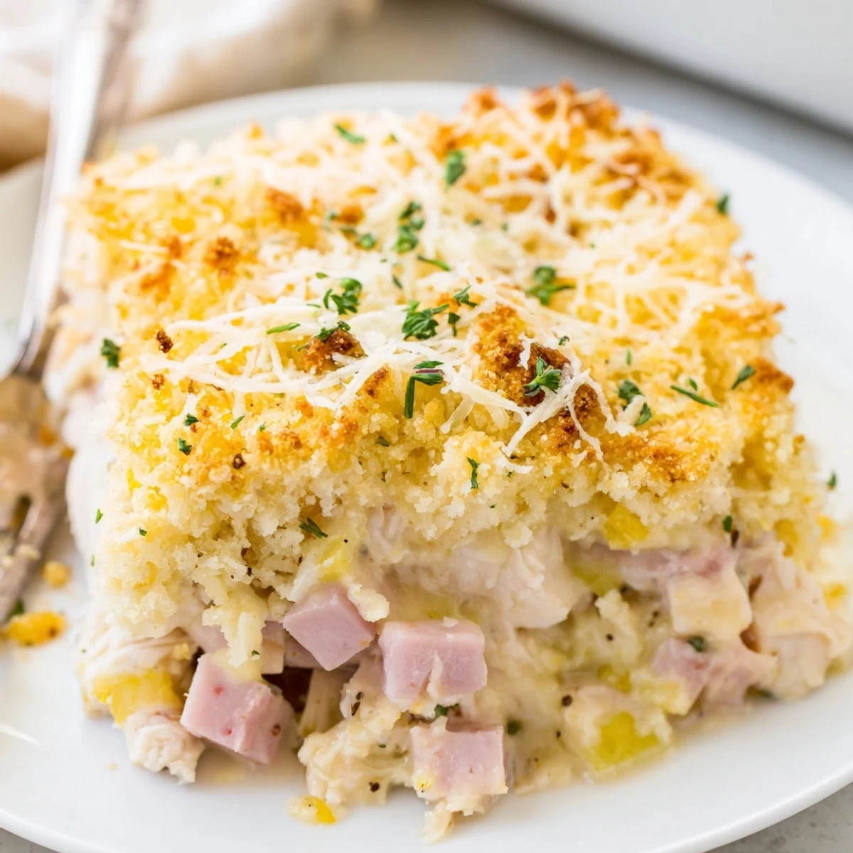 Hearty Chicken Cordon Bleu Casserole with creamy Dijon sauce, sliced for serving