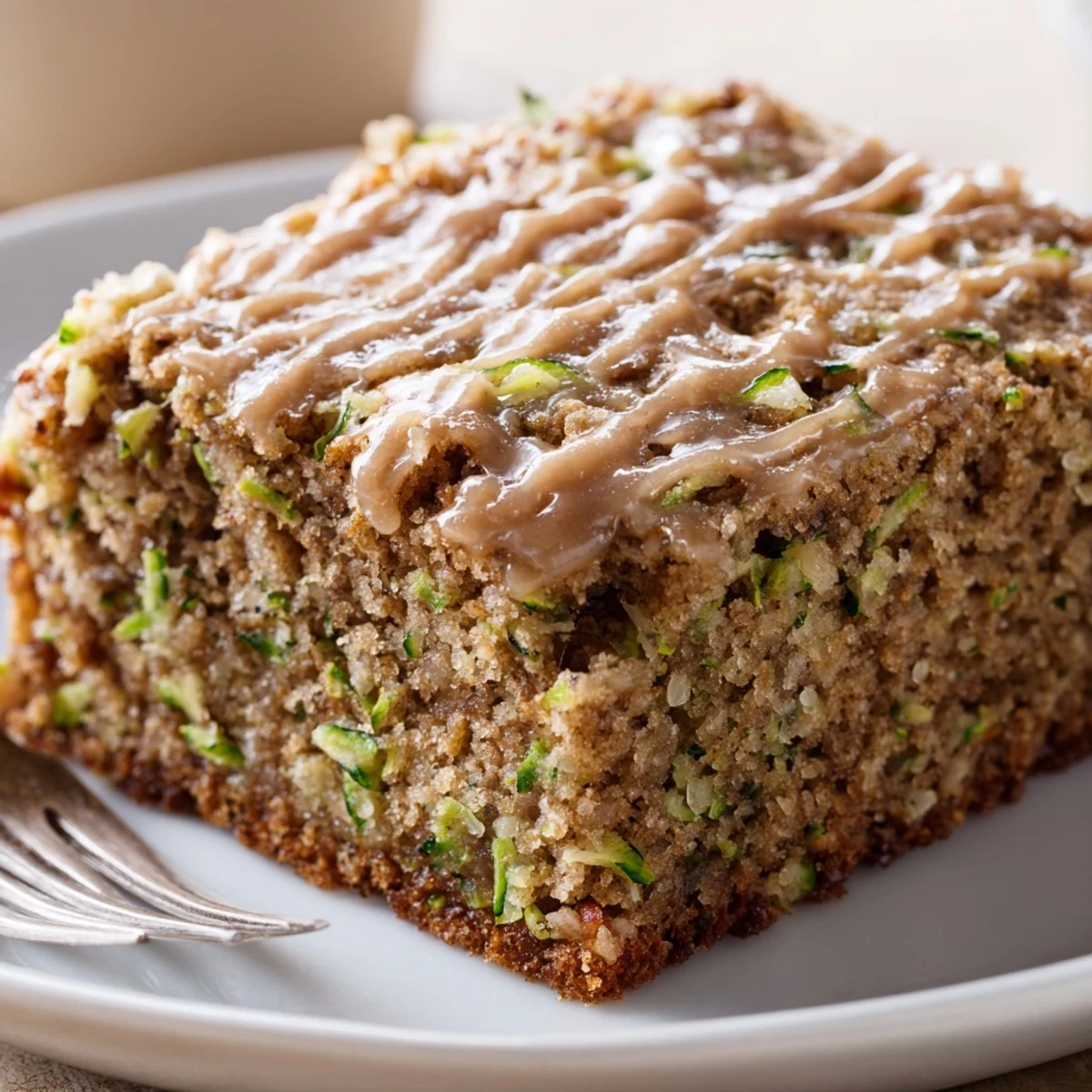 Zucchini Cake With Brown Sugar Icing, moist slices steaming beside morning coffee