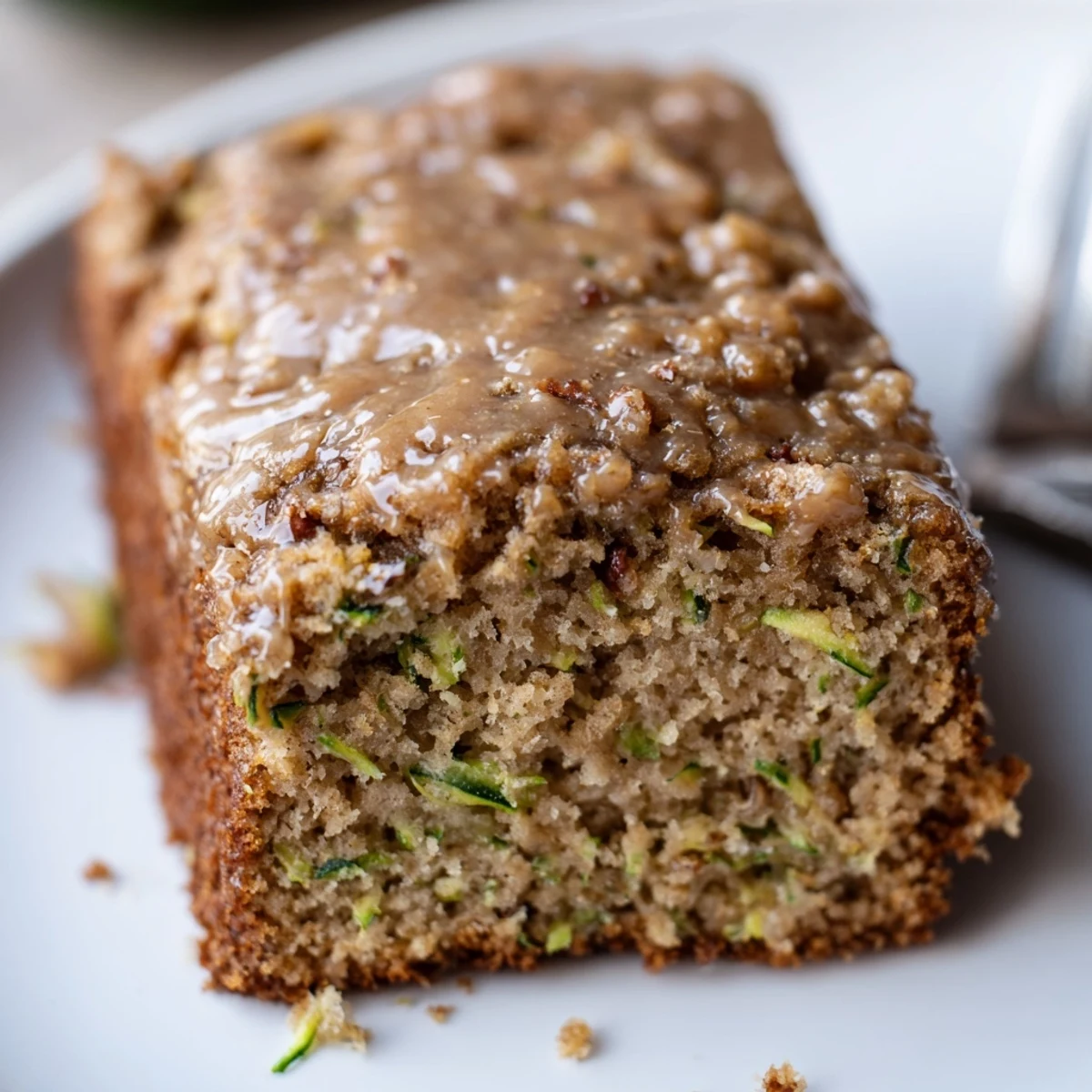 Sliced Zucchini Cake With Brown Sugar Icing cooling on rack, buttery aroma