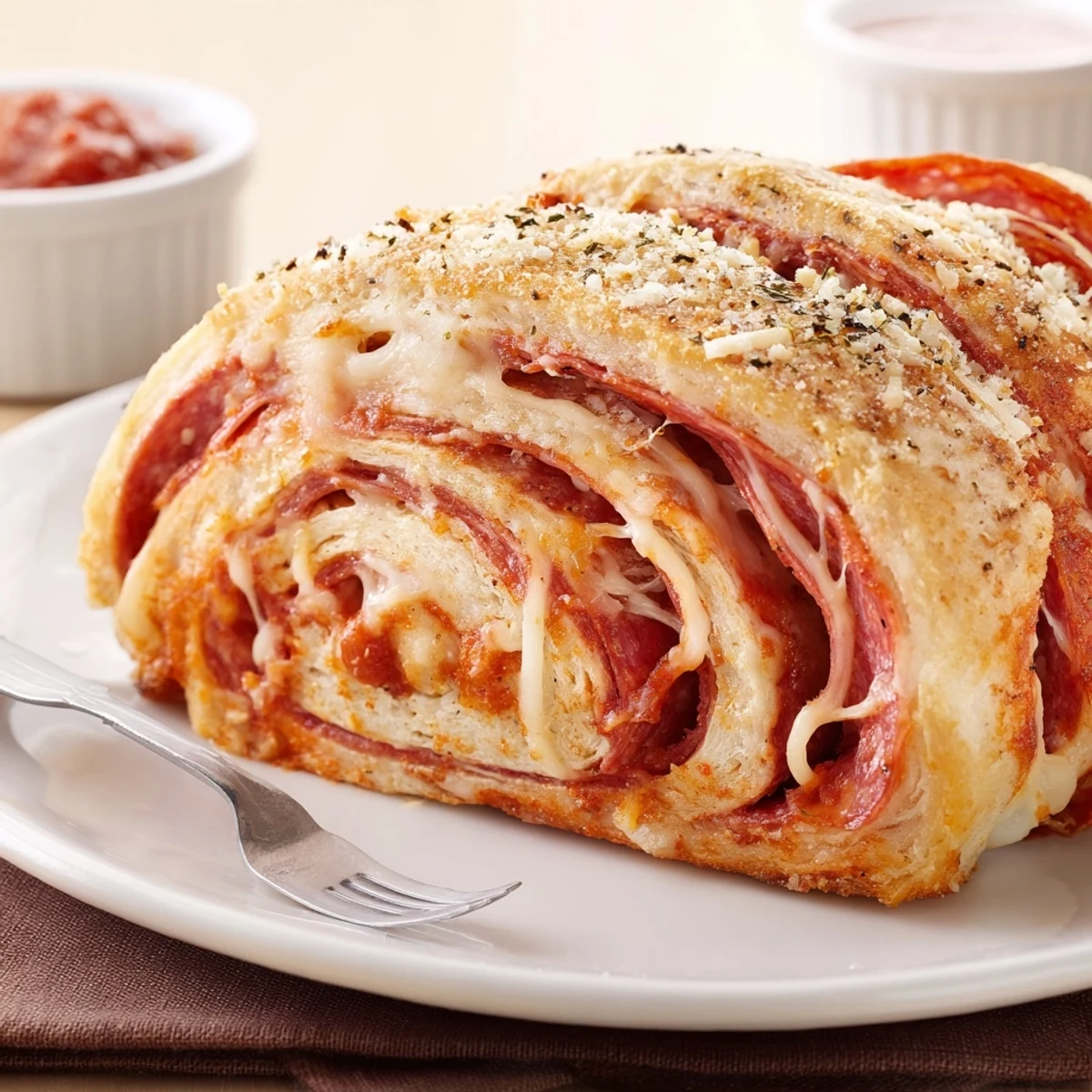 Warm Pepperoni Pizza Roll Breadsticks Recipe golden rolls oozing melted mozzarella, for dipping