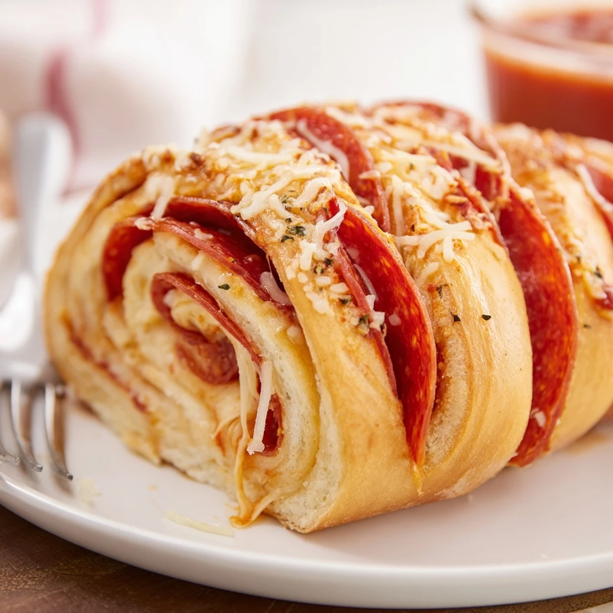 Pepperoni Pizza Roll Breadsticks Recipe served steaming with marinara, buttery Parmesan crust