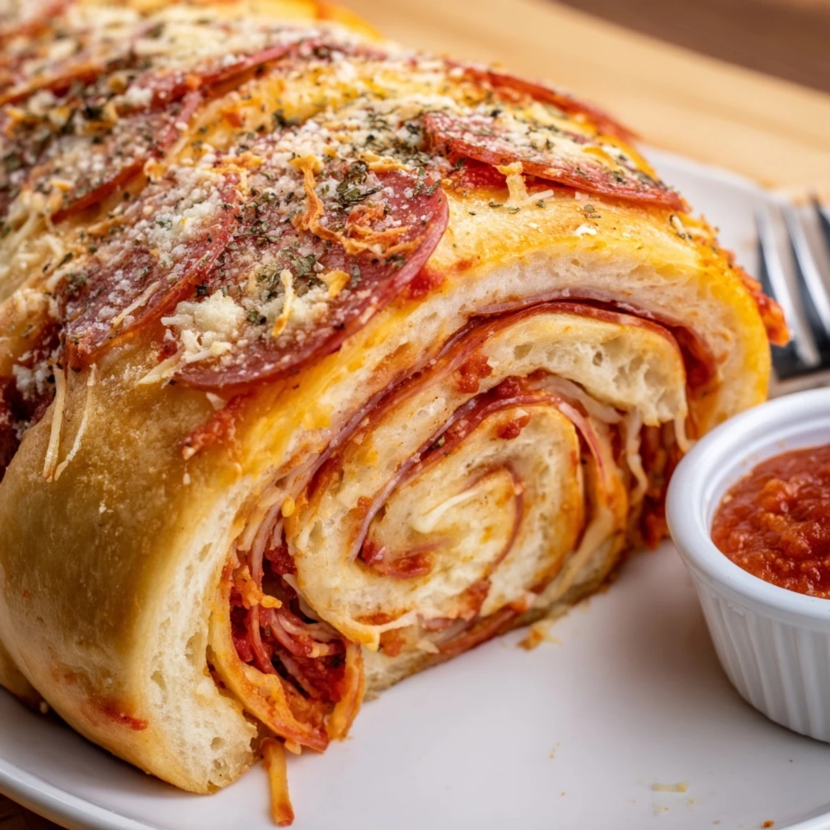 Easy Pepperoni Pizza Roll Breadsticks Recipe, sliced spirals revealing pepperoni and stretchy cheese