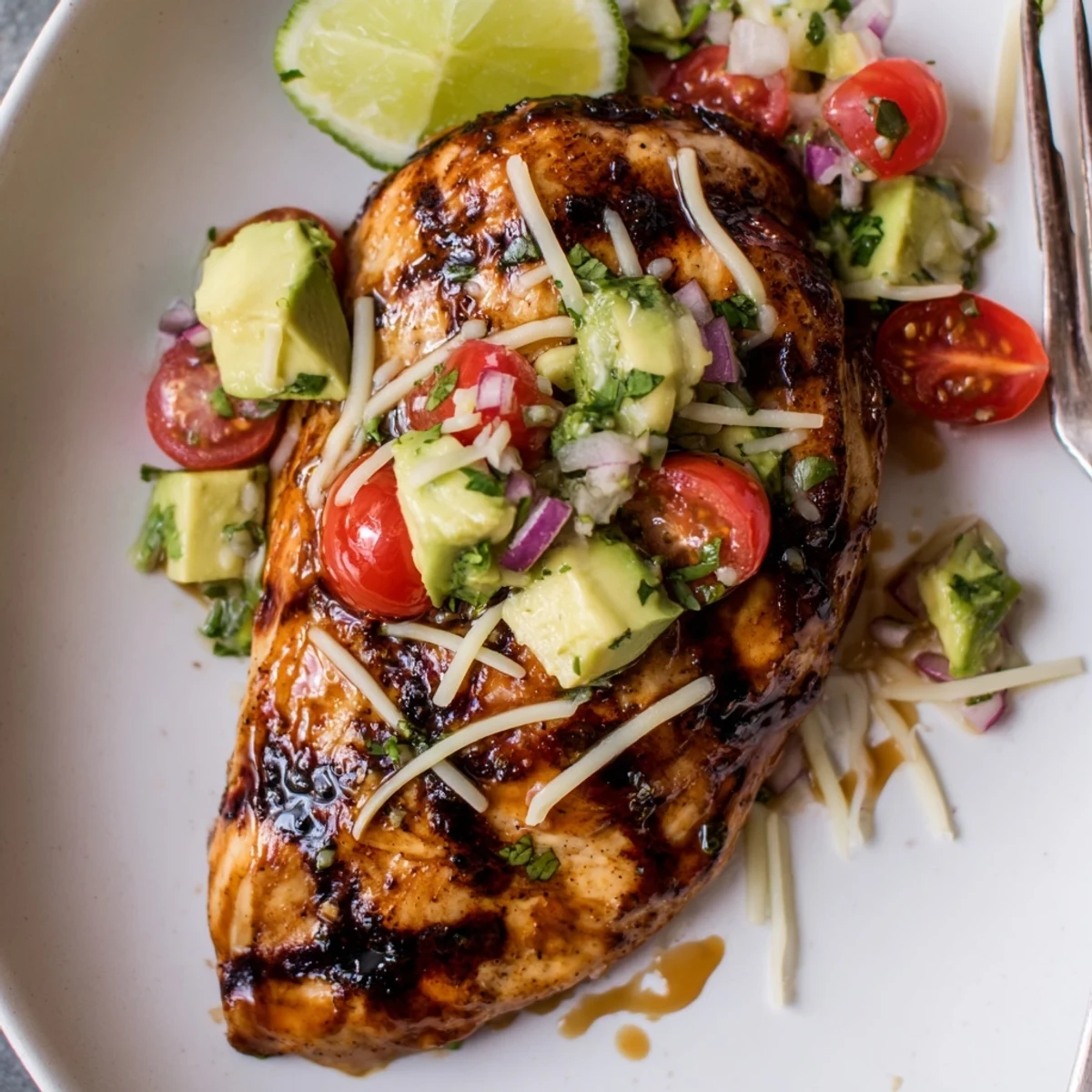 Grilled Fiesta Lime Chicken With Avocado topped with melting cheese and lime
