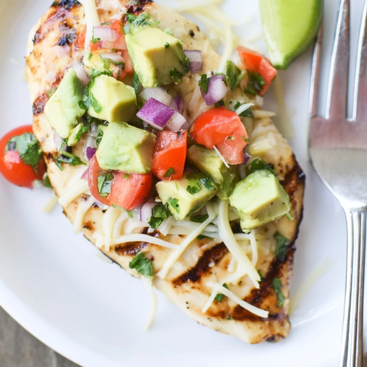 Zesty Fiesta Lime Chicken With Avocado served with cherry tomato salsa and lime