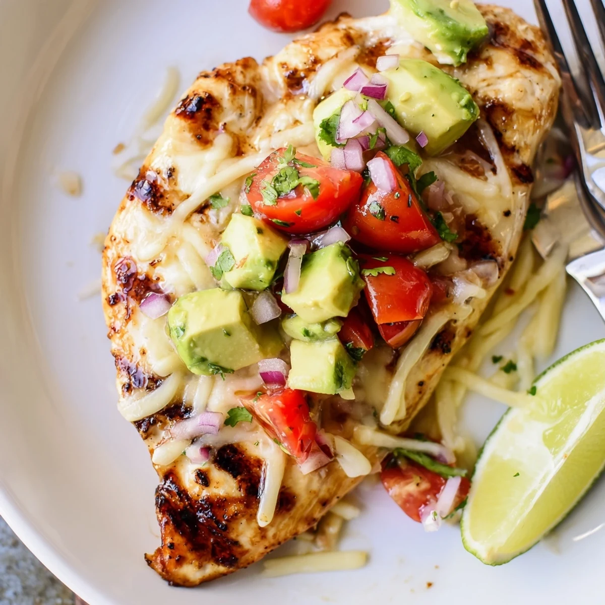 Seared Fiesta Lime Chicken With Avocado finished with tangy lime crema and cilantro