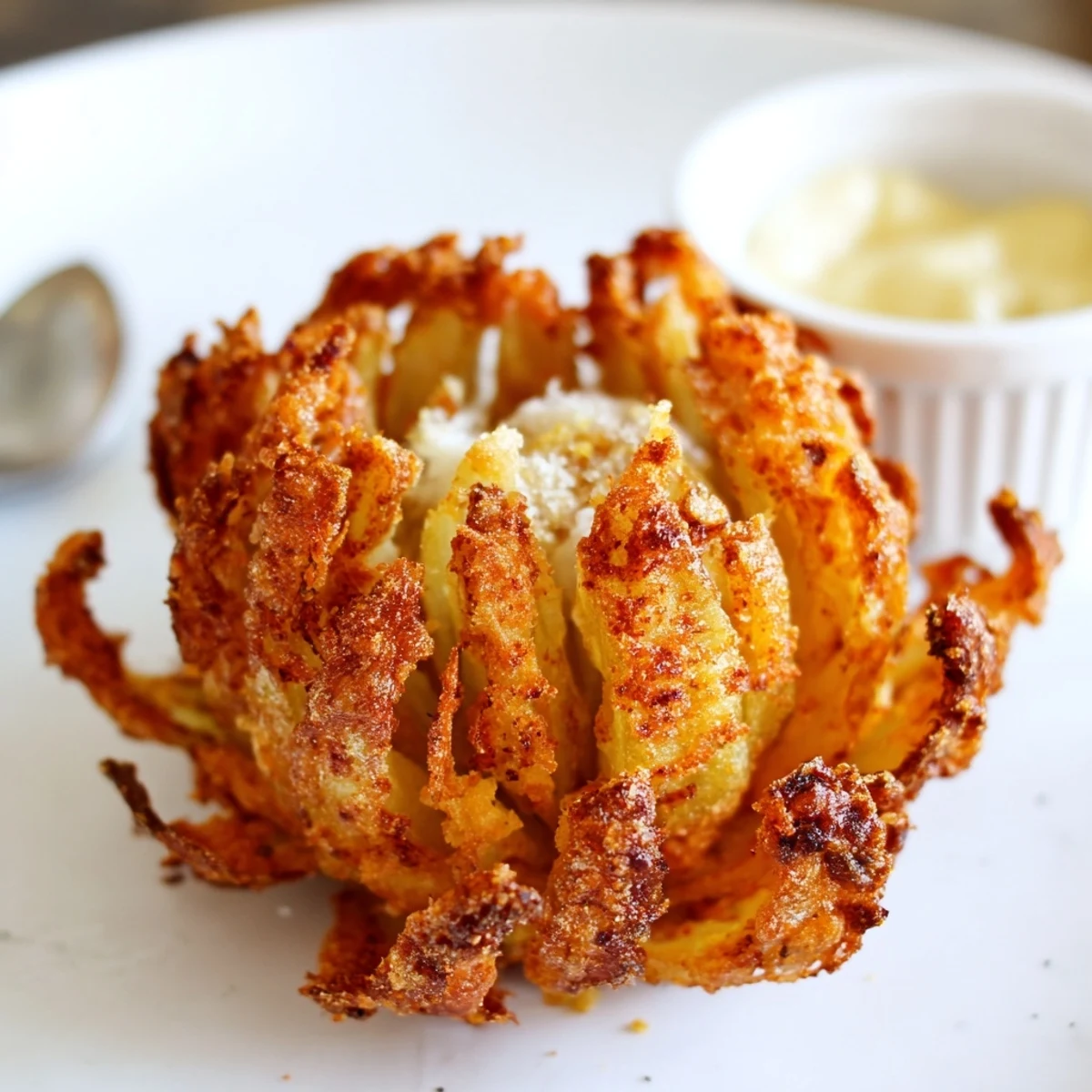 Crispy Mini Bloomin Onions Recipe golden, crunchy petals fried and served with sauce
