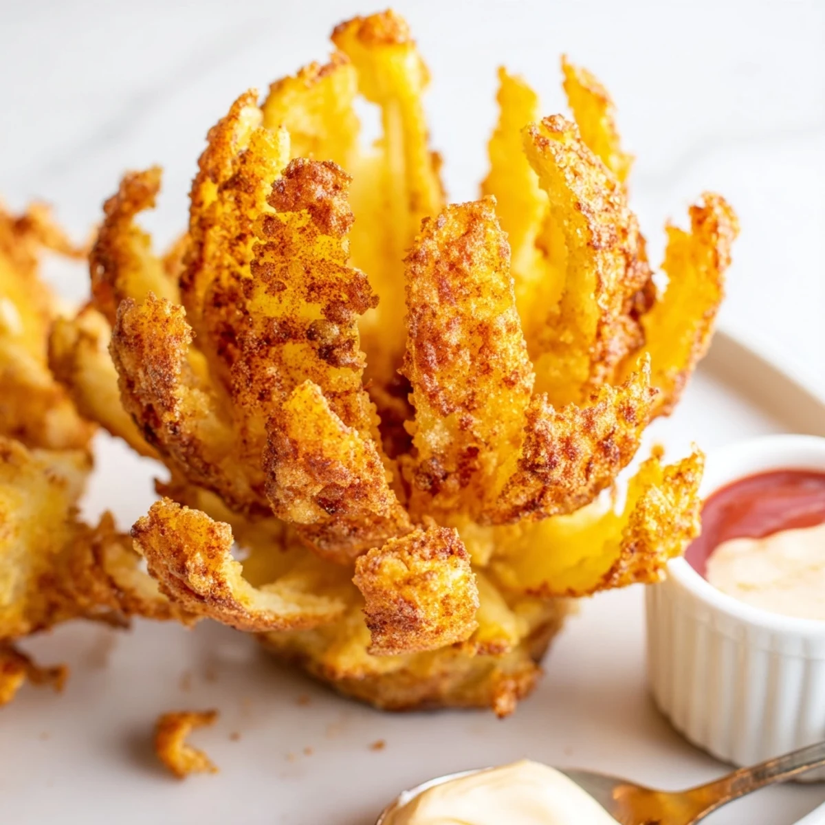 Golden, sizzling appetizer of Crispy Mini Bloomin Onions Recipe served warm