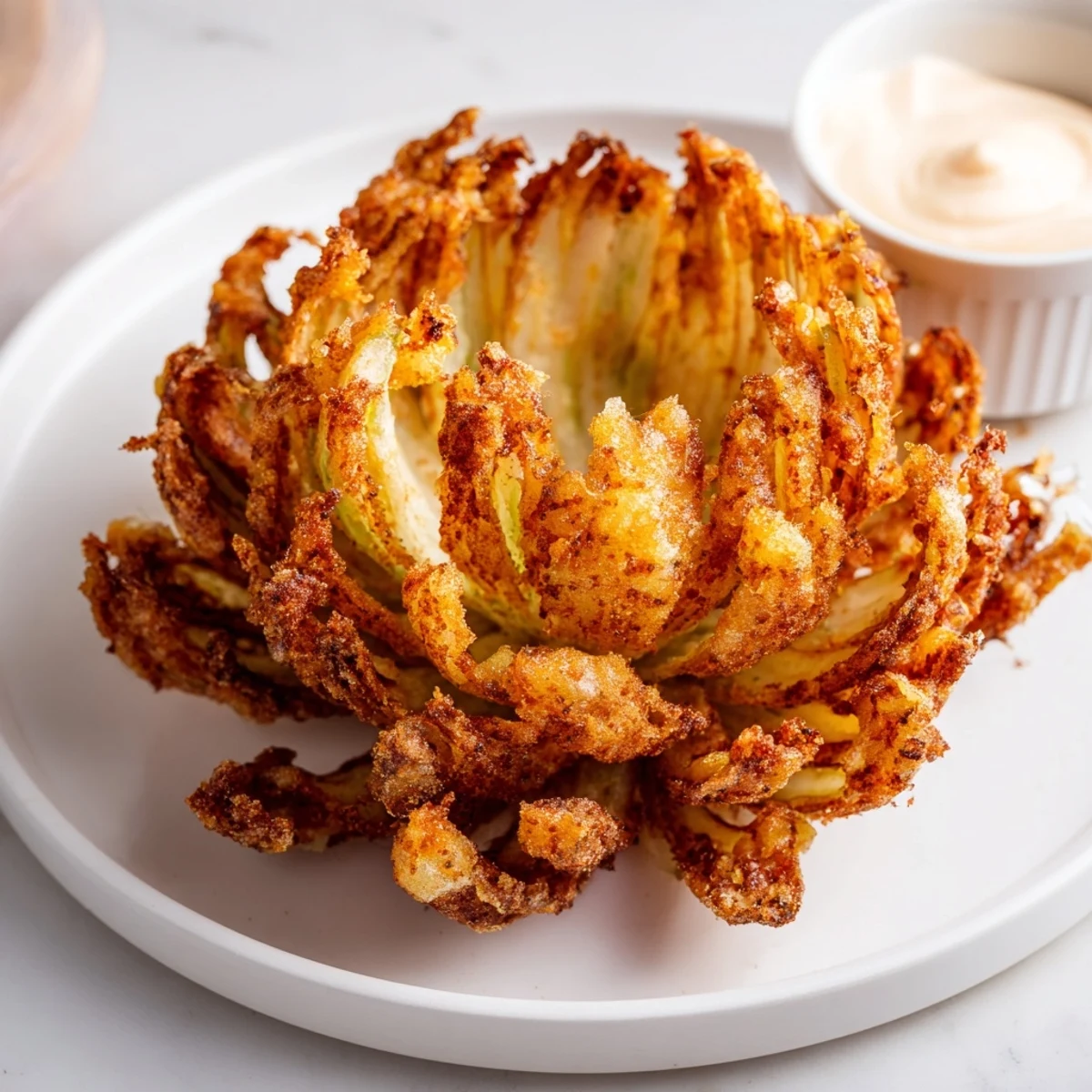 Steaming, savory petals crisped to perfection, plated with dip—Crispy Mini Bloomin Onions Recipe