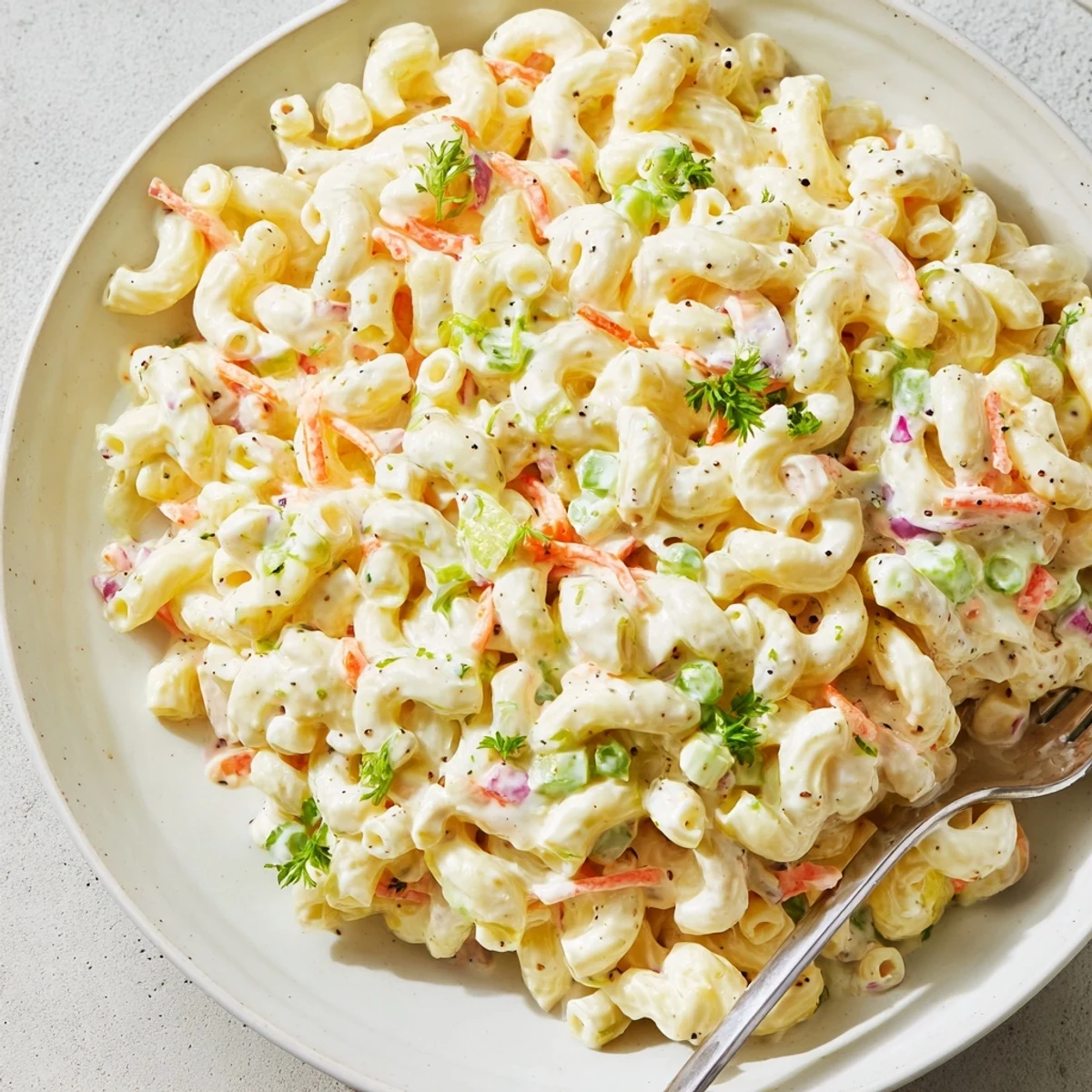 Macaroni Salad with creamy dressing, crisp celery, and bright red bell pepper