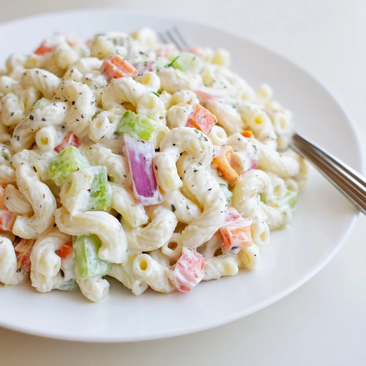 Velvety picnic Macaroni Salad garnished with chopped parsley and sliced hard boiled eggs