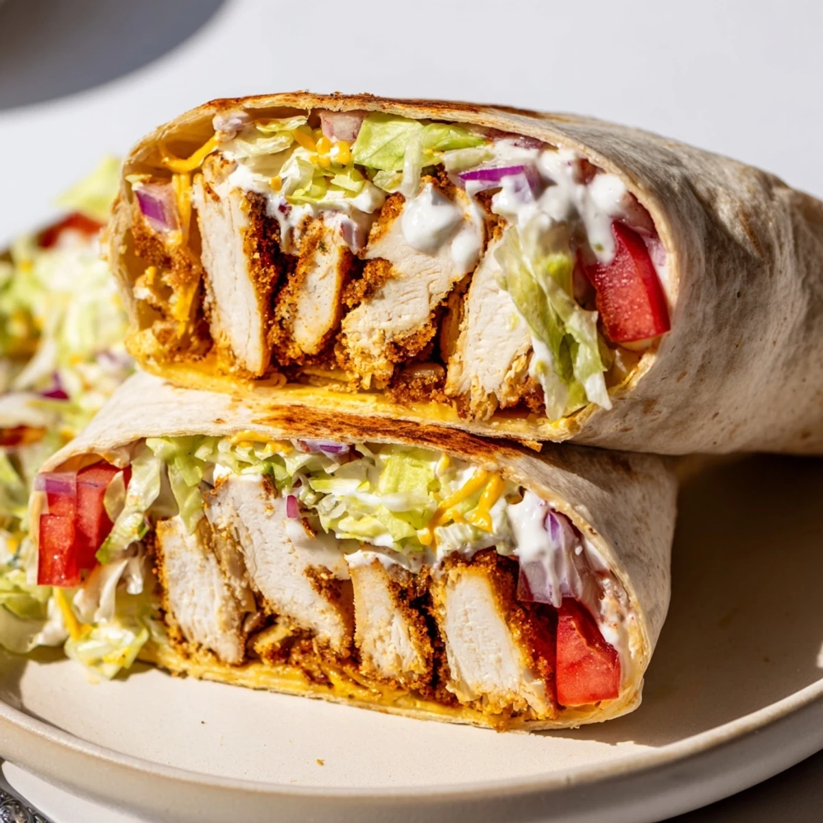 Crispy Chicken Ranch Wrap sliced in half, golden chicken, creamy ranch drizzle
