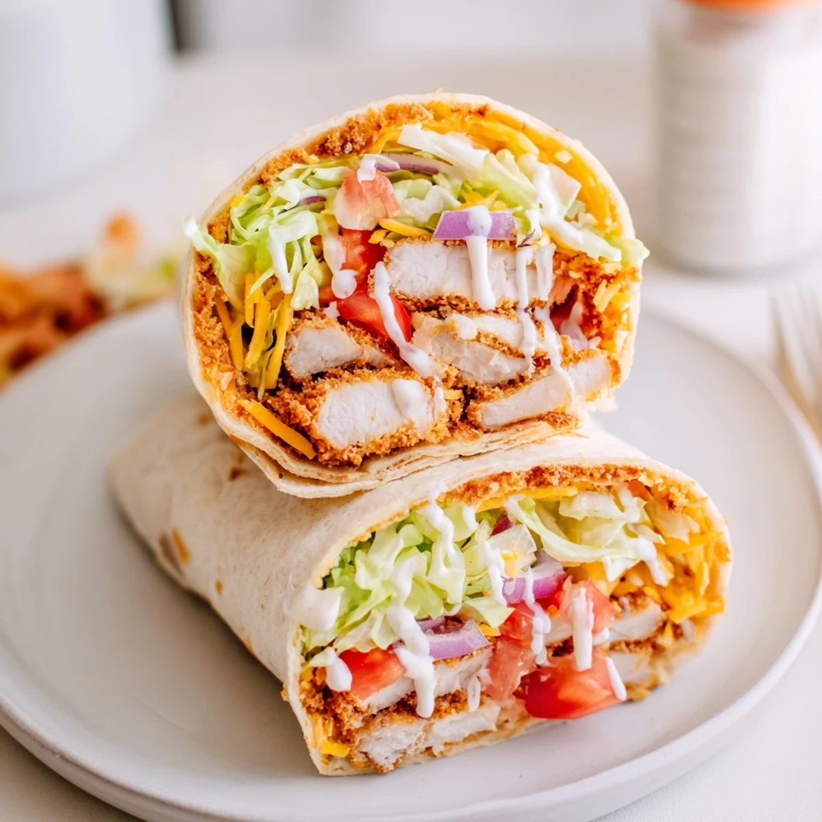Warm Crispy Chicken Ranch Wrap with crunchy lettuce, melted cheddar, tangy ranch