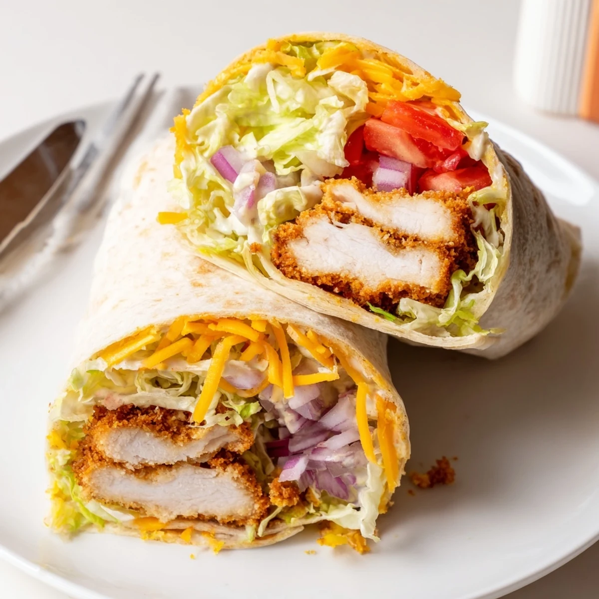 Crispy Chicken Ranch Wrap rolled tight on board, juicy tenders, tortilla warmth
