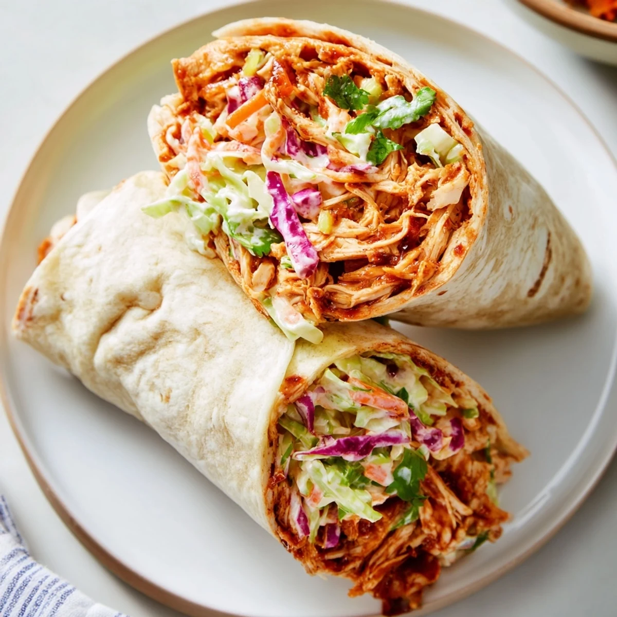 Handheld Bbq Chicken Coleslaw Wraps sliced in half, served with sweet potato fries.