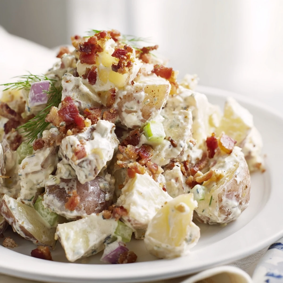 Creamy Steakhouse Potato Salad with crispy bacon, tangy pickles, chilled side.