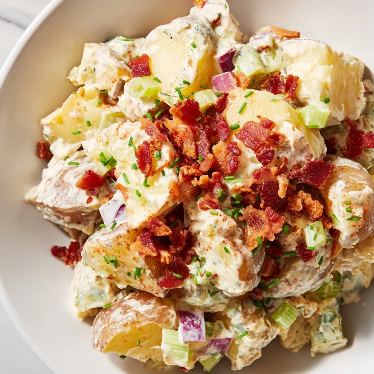 Steakhouse Potato Salad served alongside grilled steak, smoky paprika aroma, creamy.