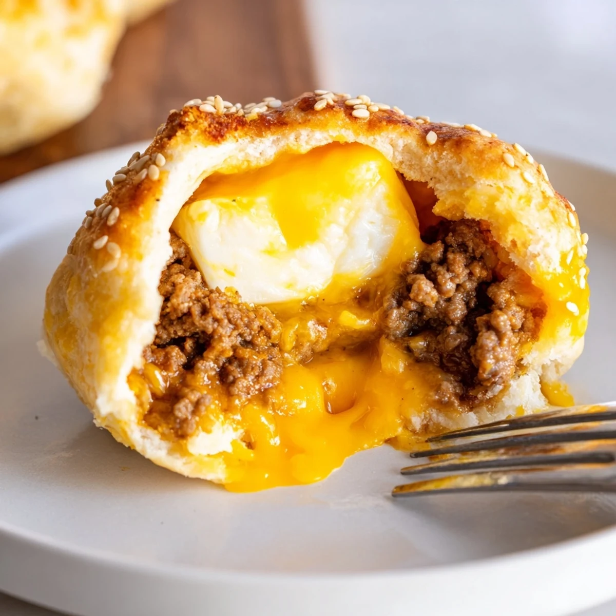 Golden, gooey Cheesy Cheeseburger Bombs Explosion Recipe on parchment, sesame-topped, steaming