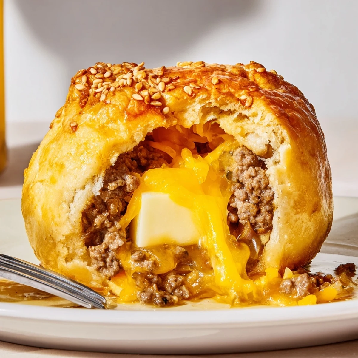 Handheld Cheesy Cheeseburger Bombs Explosion Recipe split open, oozing melted cheddar
