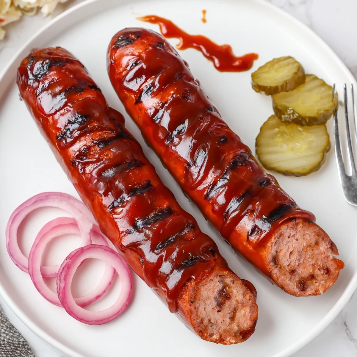 BBQ Sausage Recipe sizzling on grill, glazed with caramelized tangy barbecue sauce