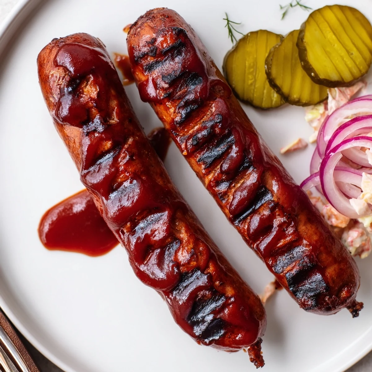 Grilled BBQ Sausage Recipe served in toasted buns with pickles and coleslaw