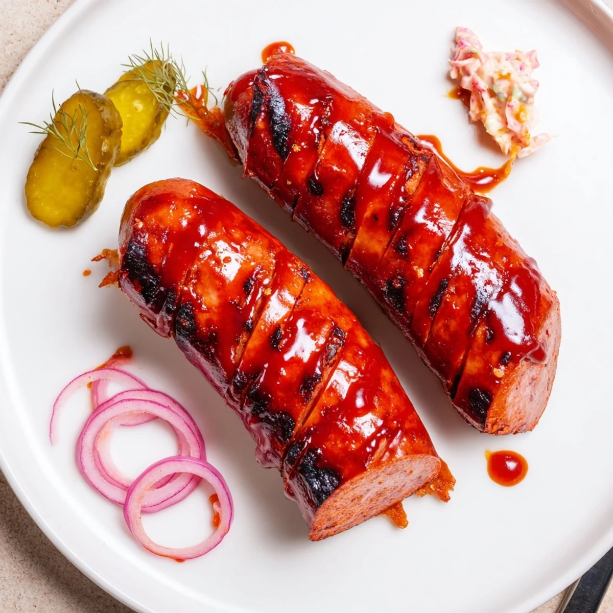 Smoky BBQ Sausage Recipe basted during grilling, juicy interior and charred edges