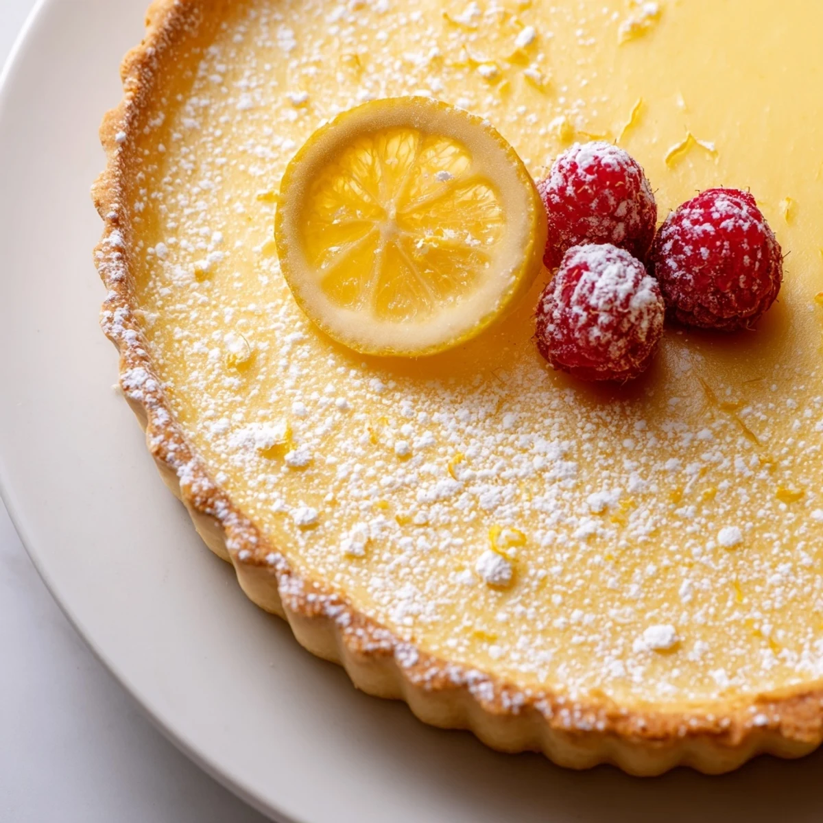 Creamy Lemon Tart Recipe on a crusty golden shell dusted with powdered sugar