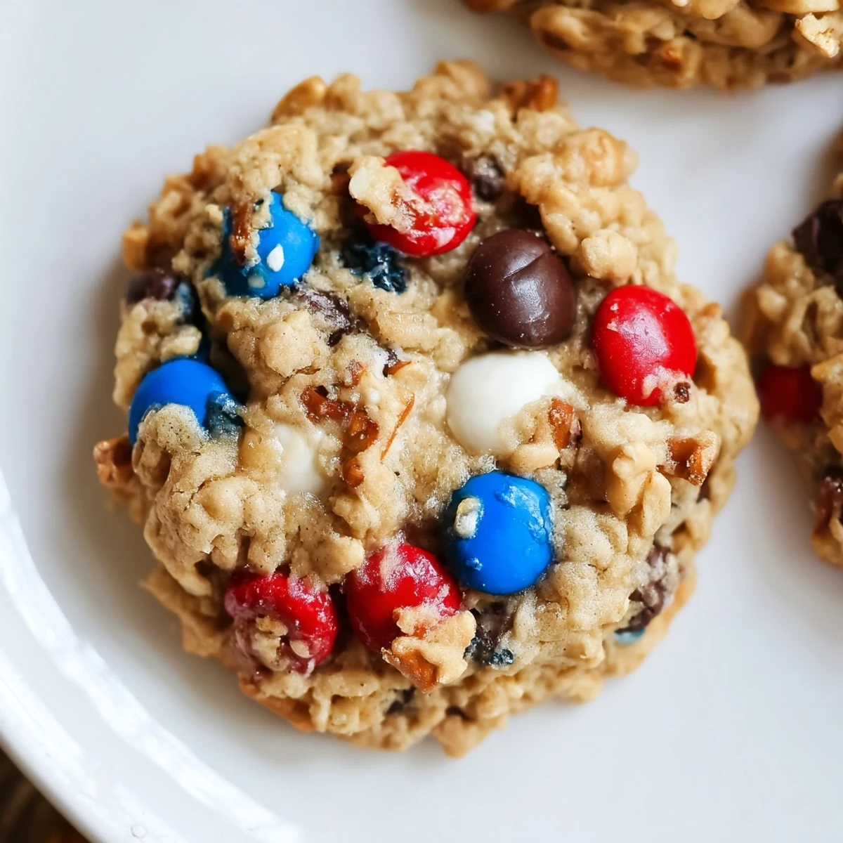 Warm Patriotic Monster Cookies Recipe on a cooling rack, chewy oats visible