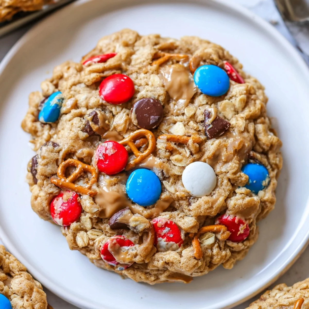Plate of freshly baked Patriotic Monster Cookies Recipe with melty chocolate chips